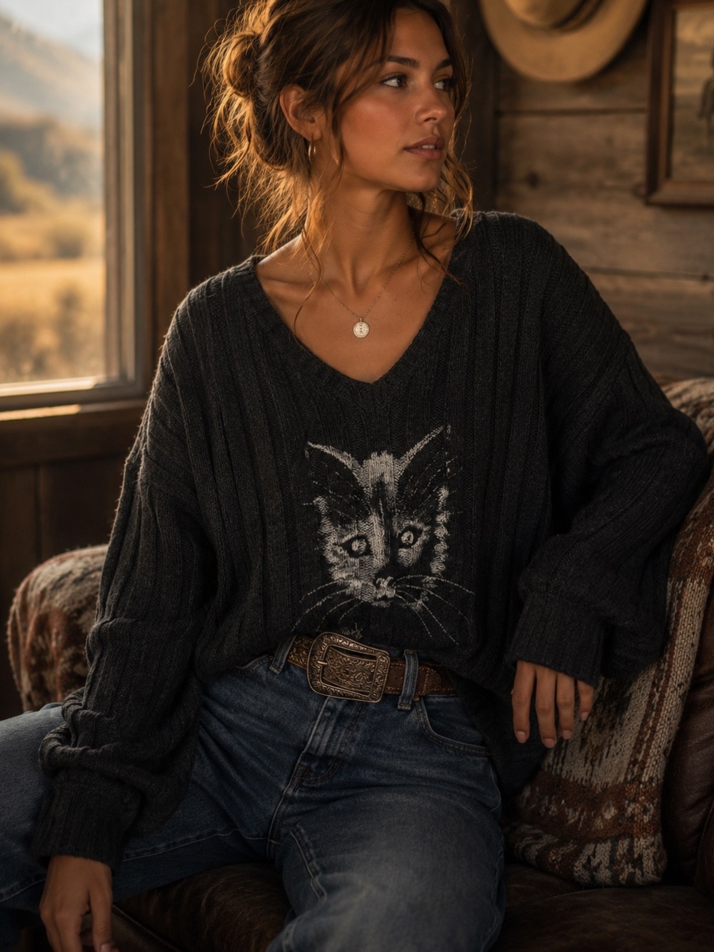 CP Shades Oversized Black V-Neck Ribbed Sweater White Tobey Cat Graphic